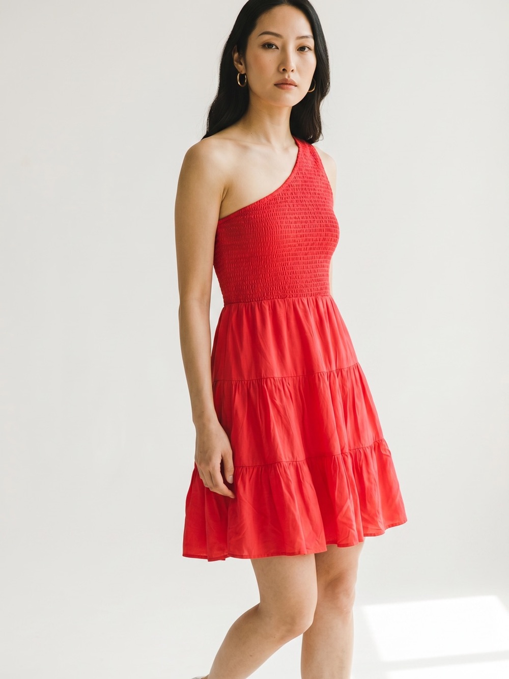 Red One-Shoulder Tiered Mini Dress Le Lis New Size L